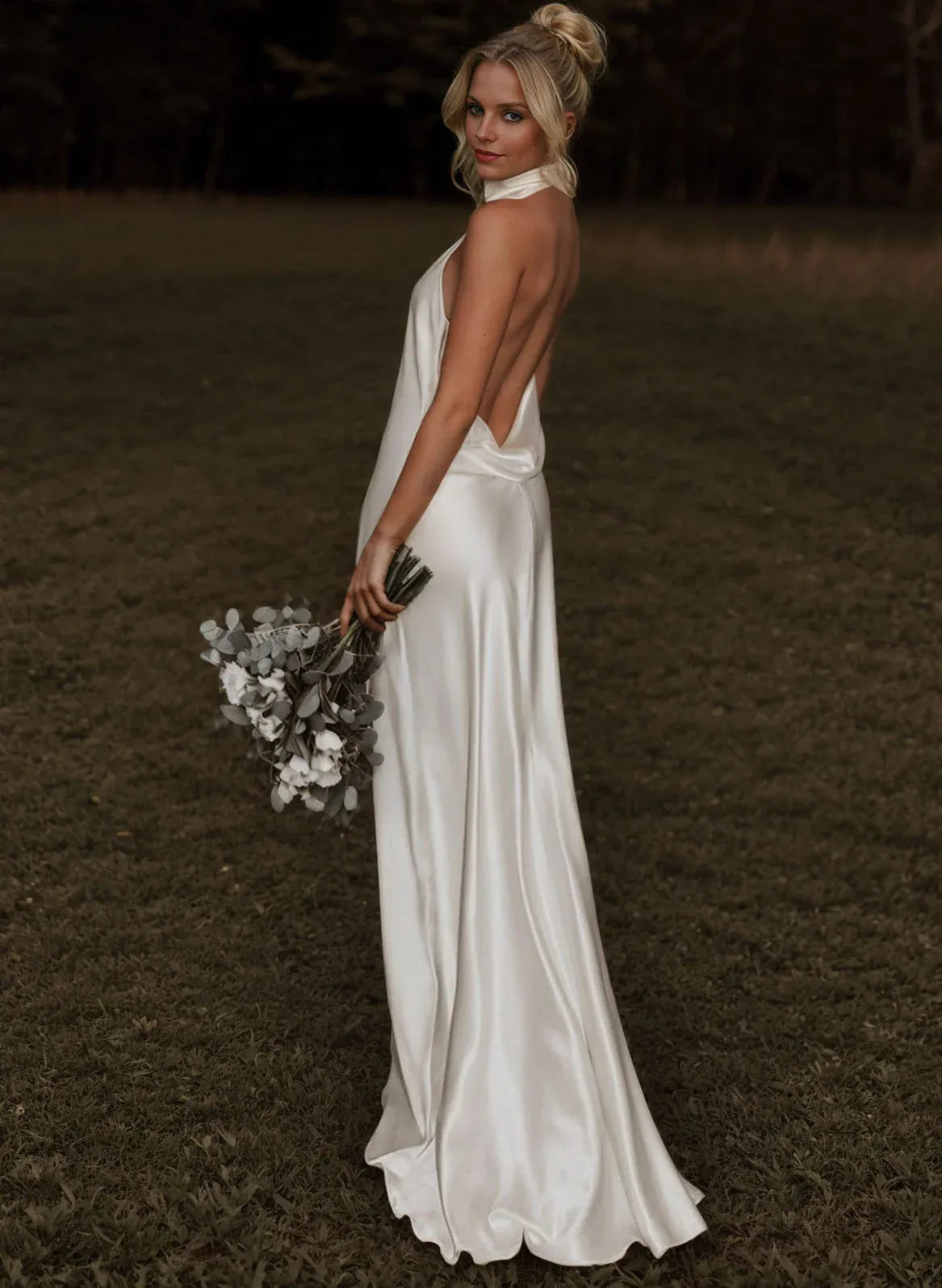 Halter Cowl Neck Satin Mermaid Wedding Dress with Open Back & Train - Modern Bridal Gown