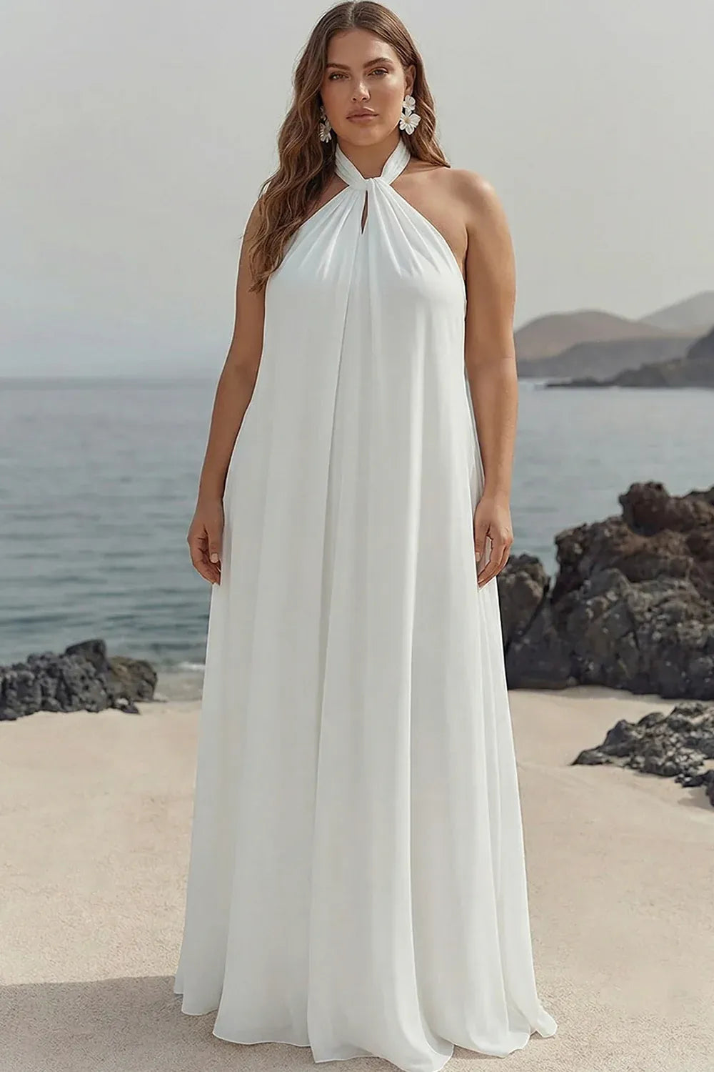 Halter Neck Chiffon A-Line Wedding Dress with Bow Back - Beach Bridal Gown