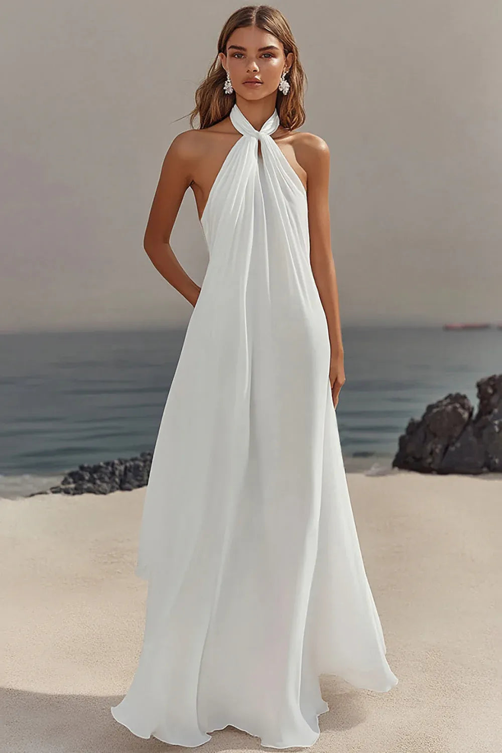 Halter Neck Chiffon A-Line Wedding Dress with Bow Back - Beach Bridal Gown
