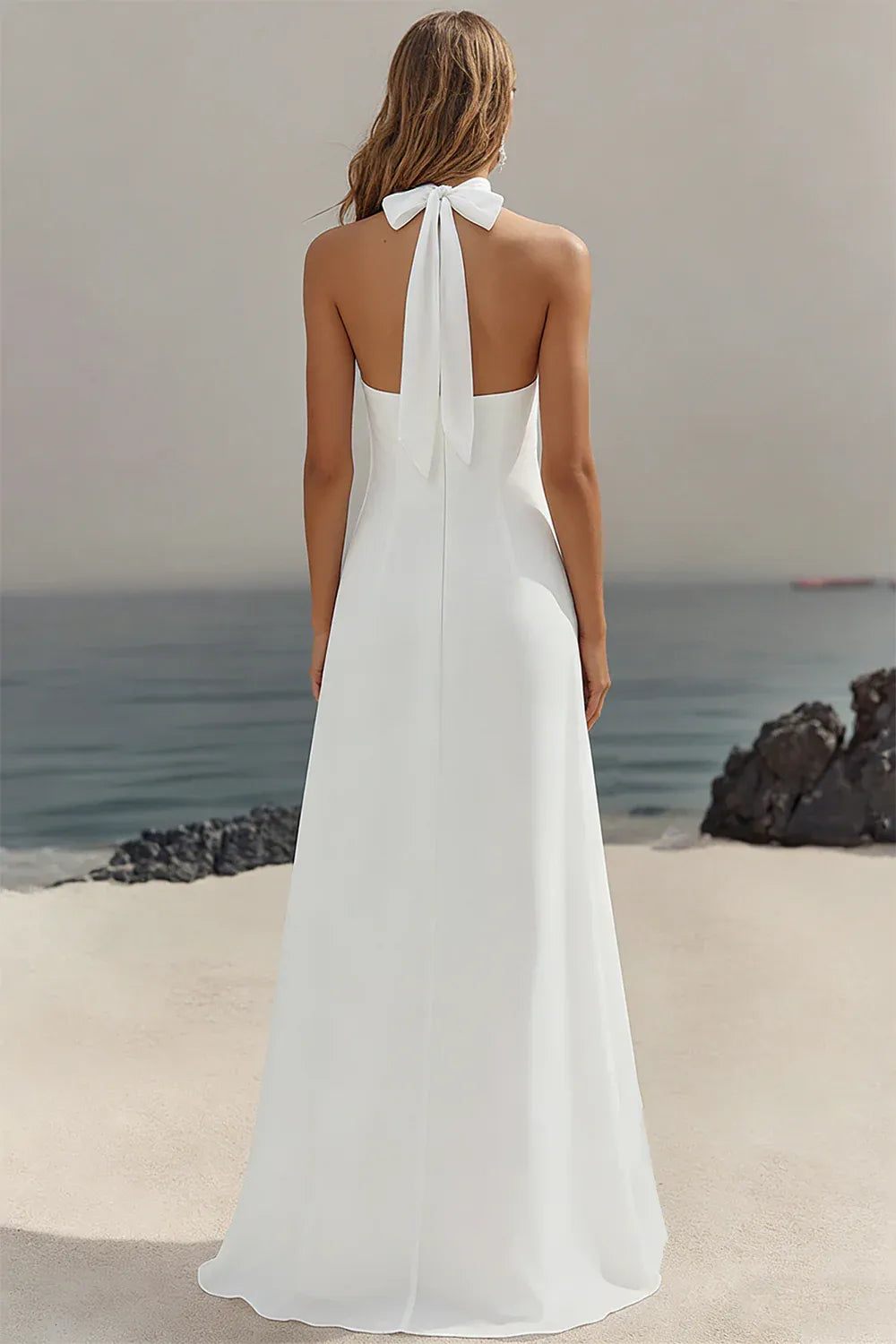 Halter Neck Chiffon A-Line Wedding Dress with Bow Back - Beach Bridal Gown
