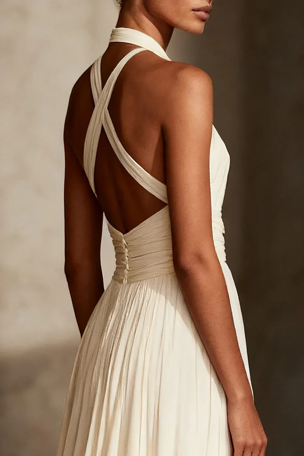 Halter Neck Chiffon A-Line Wedding Dress with Cross-Back Detail - Elegant Bridal Gown