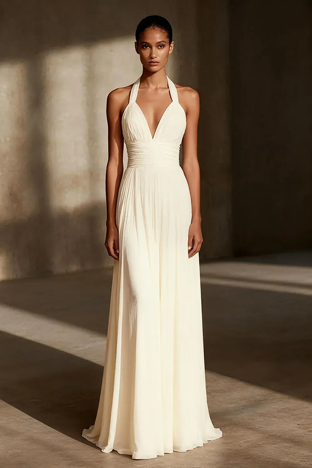 Halter Neck Chiffon A-Line Wedding Dress with Cross-Back Detail - Elegant Bridal Gown