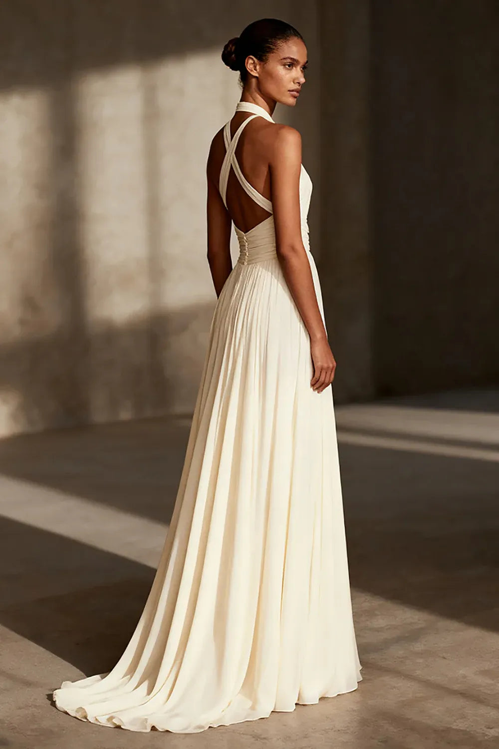 Halter Neck Chiffon A-Line Wedding Dress with Cross-Back Detail - Elegant Bridal Gown