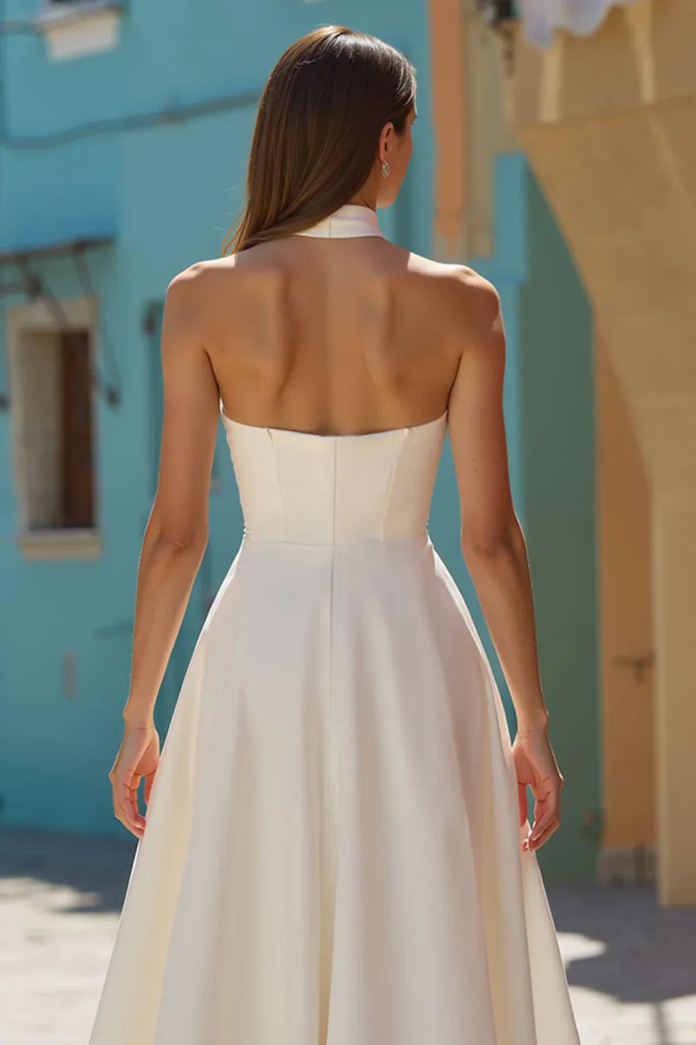 Halter Neck Crepe A-Line Midi Wedding Dress