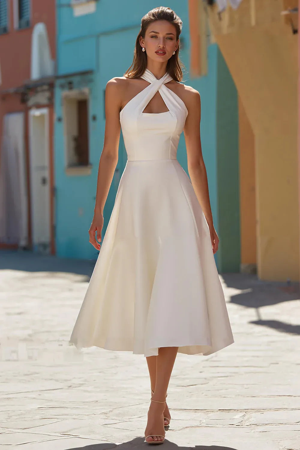 Halter Neck Crepe A-Line Midi Wedding Dress
