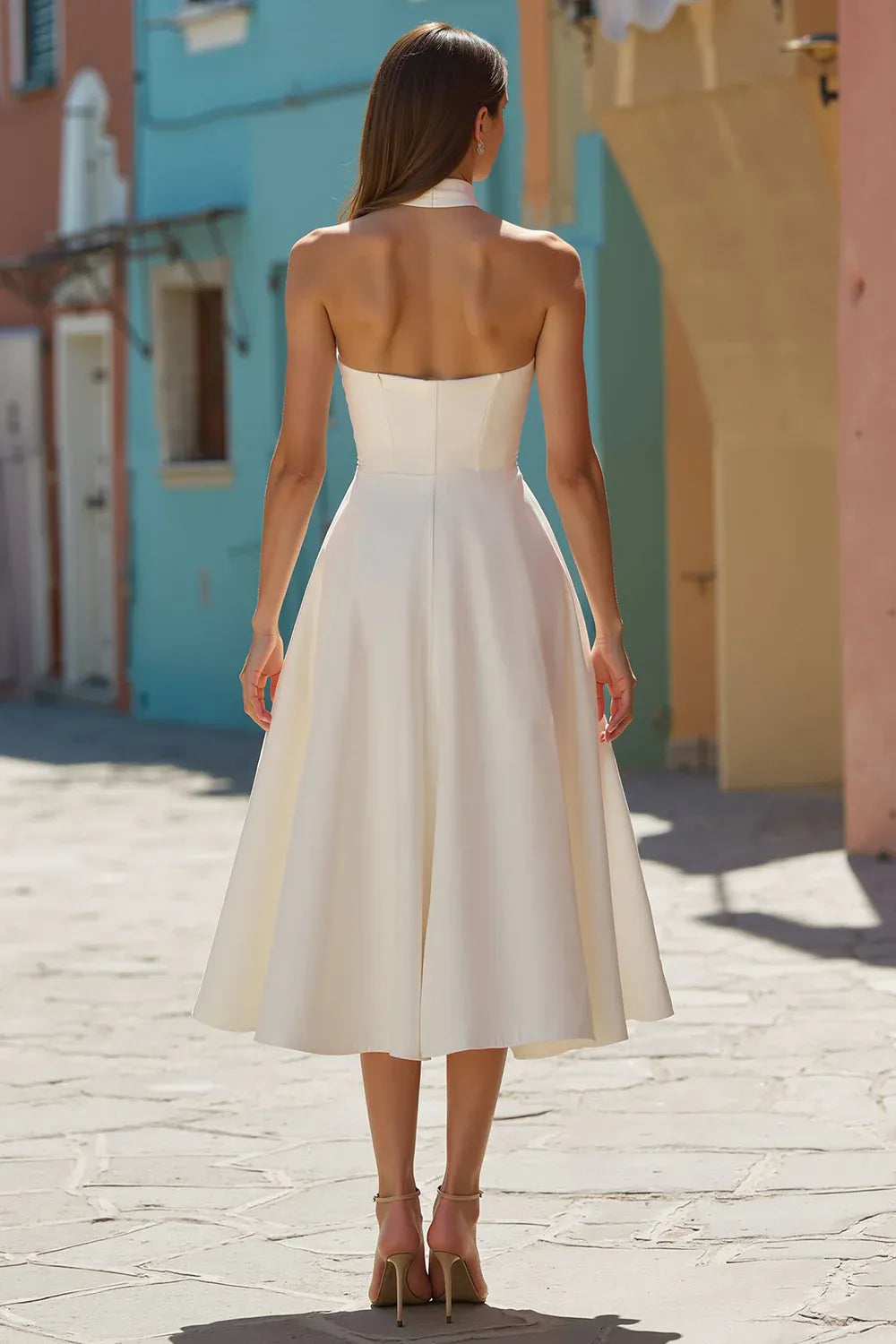 Halter Neck Crepe A-Line Midi Wedding Dress