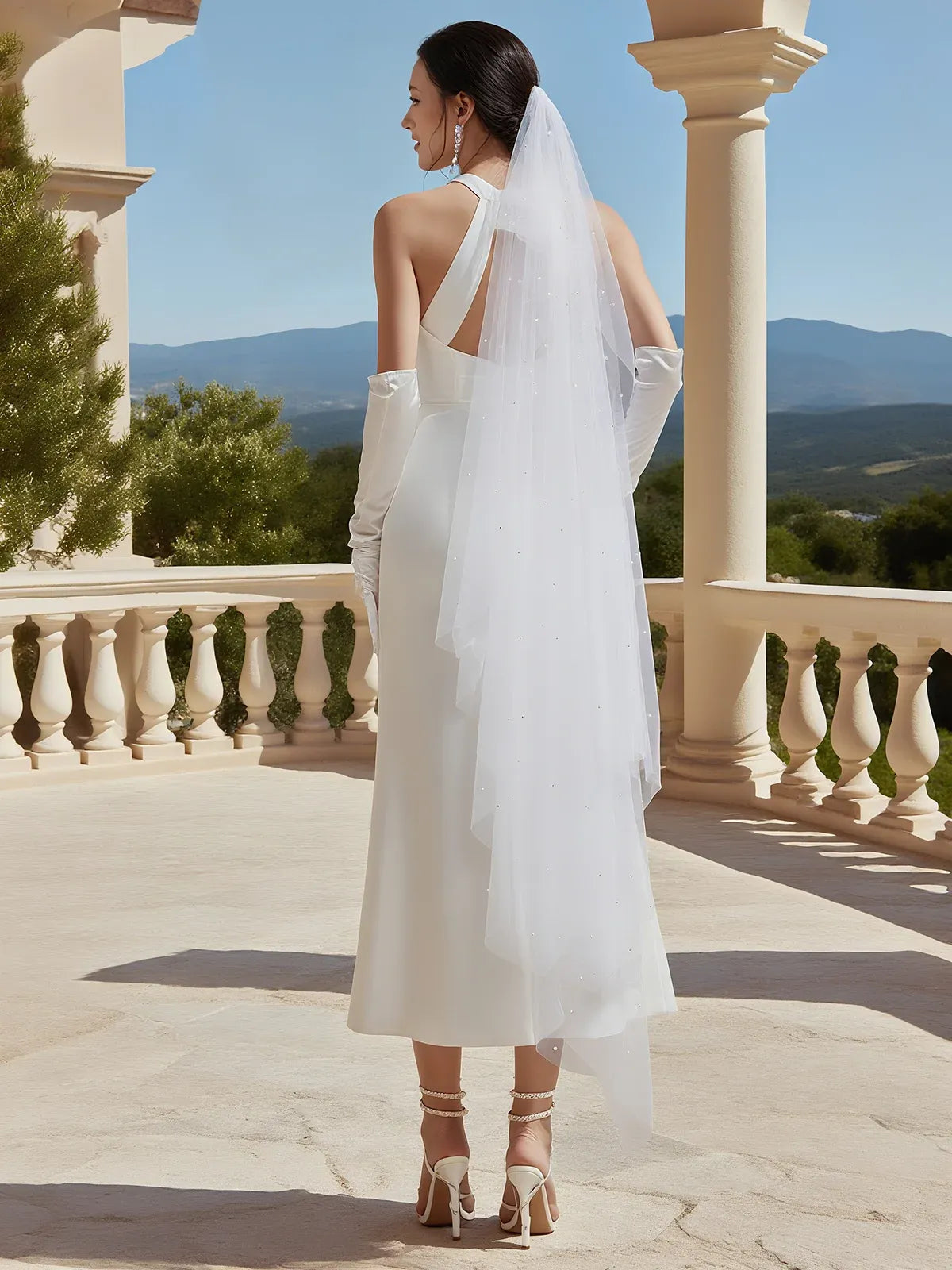 Asymmetrical Lace Crepe MeHalter Neck Crepe Midi Wedding Dress with Cutout Back & Slit - Modern Minimalist Bridal Gownrmaid Wedding Dress with Sheer Neckline & Sleeves - Modern Elegant Bridal Gown（副本）