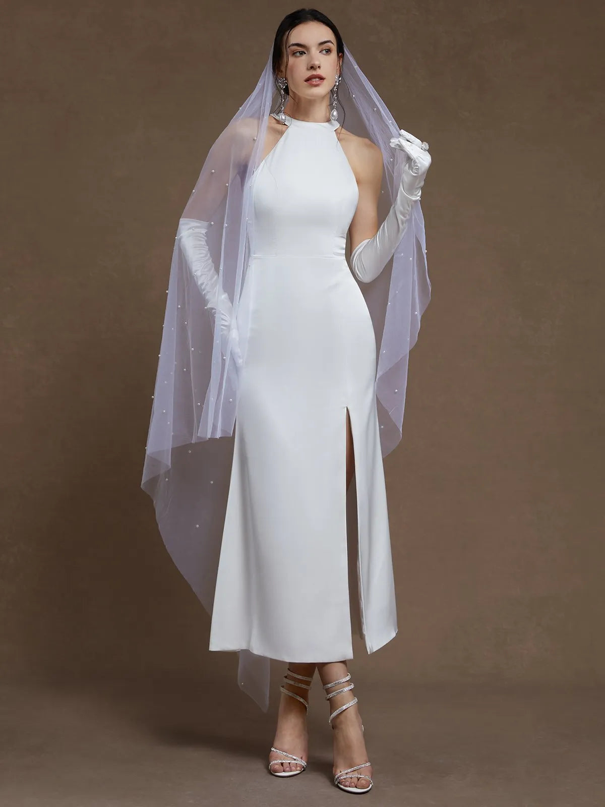 Asymmetrical Lace Crepe MeHalter Neck Crepe Midi Wedding Dress with Cutout Back & Slit - Modern Minimalist Bridal Gownrmaid Wedding Dress with Sheer Neckline & Sleeves - Modern Elegant Bridal Gown