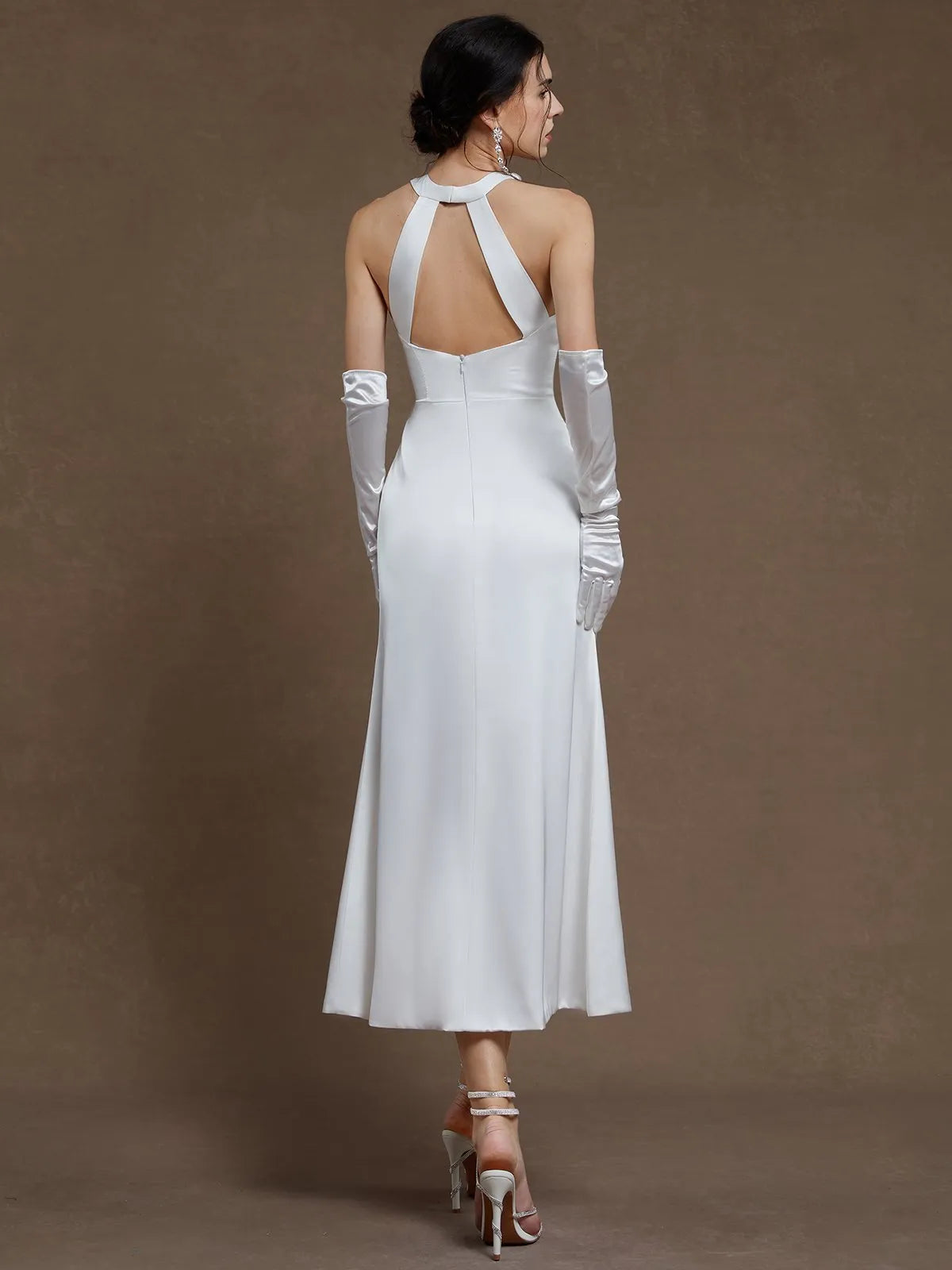 Asymmetrical Lace Crepe MeHalter Neck Crepe Midi Wedding Dress with Cutout Back & Slit - Modern Minimalist Bridal Gownrmaid Wedding Dress with Sheer Neckline & Sleeves - Modern Elegant Bridal Gown