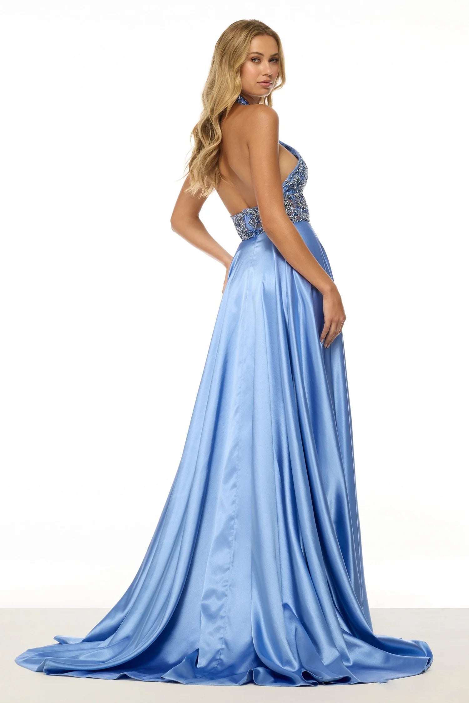 Halter Neck Crystal Beaded Cutout High Slit Lace-Up Back Sky Blue Satin A-Line Chapel Train Prom Dresses