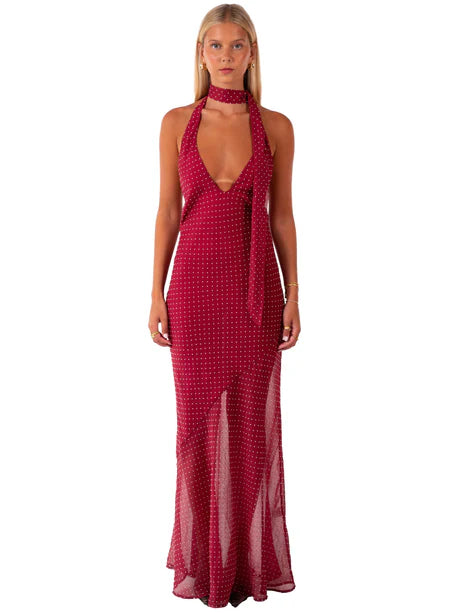 Halter Neck High Collar Deep V Tie Back Polka Dot Sheer Burgundy Chiffon Mermaid Maxi Dress