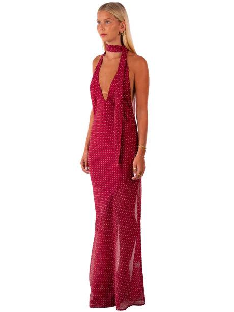 Halter Neck High Collar Deep V Tie Back Polka Dot Sheer Burgundy Chiffon Mermaid Maxi Dress