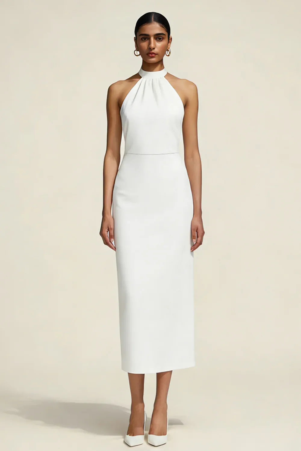 Halter Neck Open Back Crepe Midi Wedding Dress