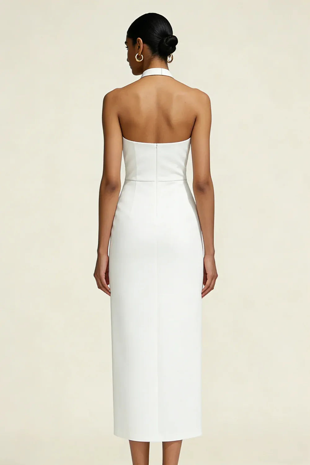 Halter Neck Open Back Crepe Midi Wedding Dress