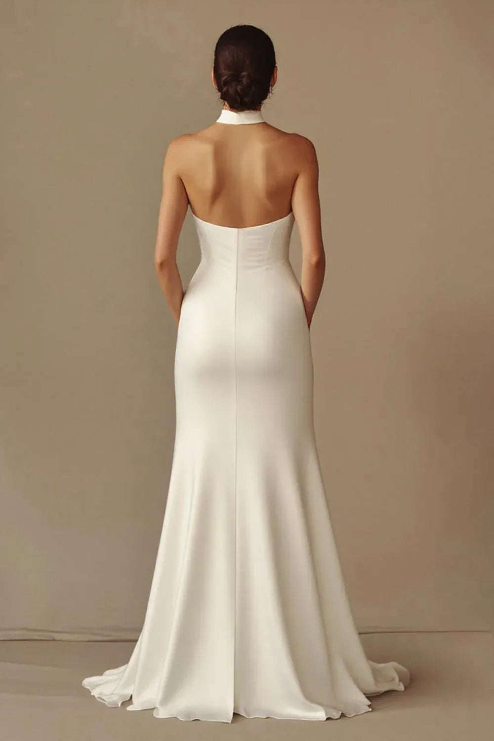 Halter Neck Satin Mermaid Wedding Dress with Deep Plunge and Open Back - Minimalist Bridal Gown