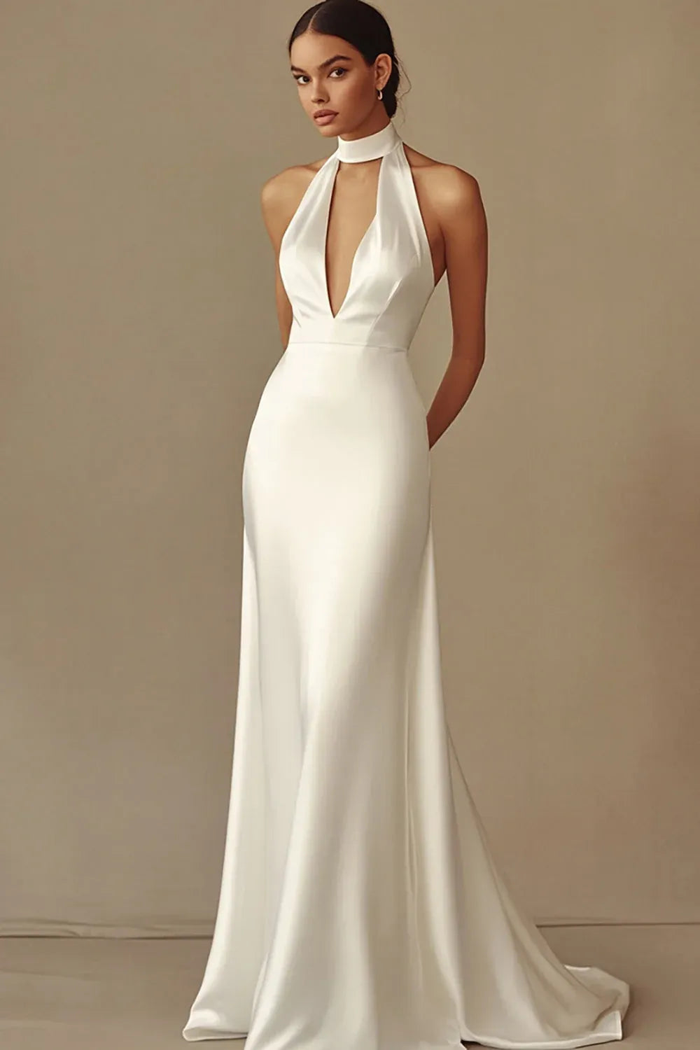 Halter Neck Satin Mermaid Wedding Dress with Deep Plunge and Open Back - Minimalist Bridal Gown