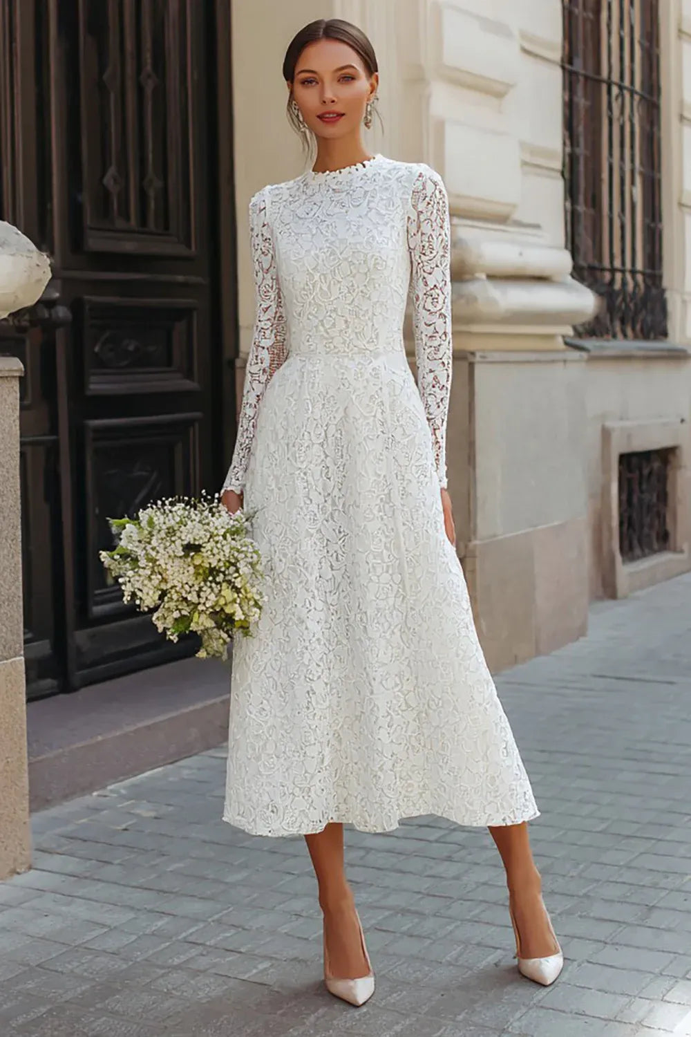 High-Neck Floral Lace Midi Wedding Dress with Long Sleeves