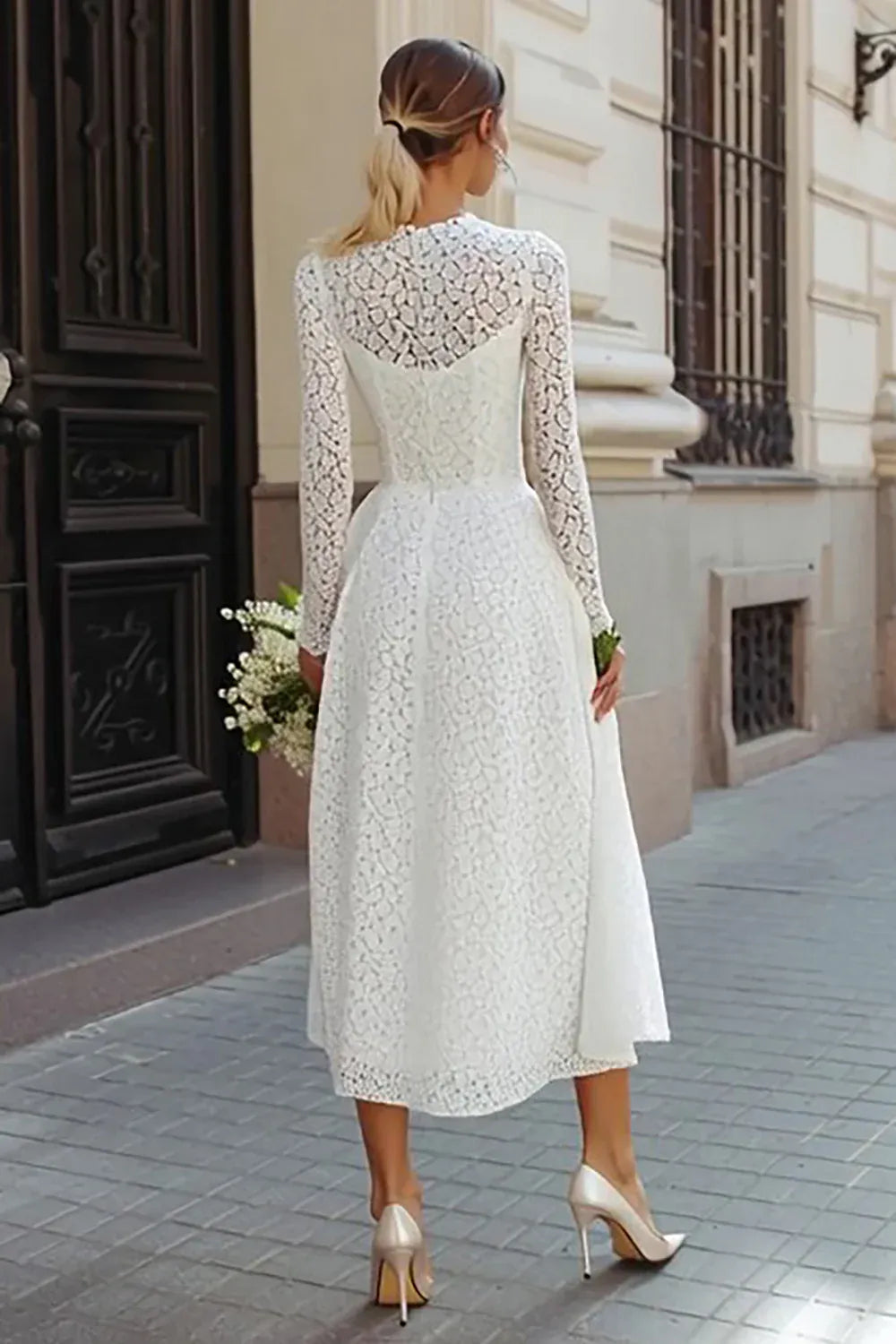 High-Neck Floral Lace Midi Wedding Dress with Long Sleeves