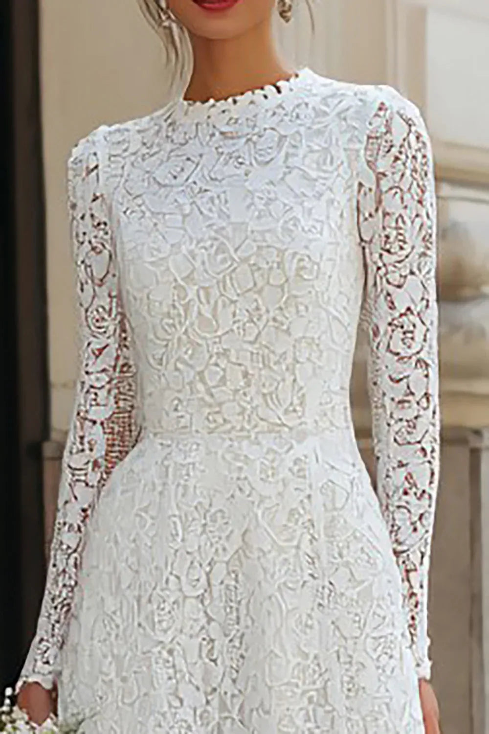 High-Neck Floral Lace Midi Wedding Dress with Long Sleeves