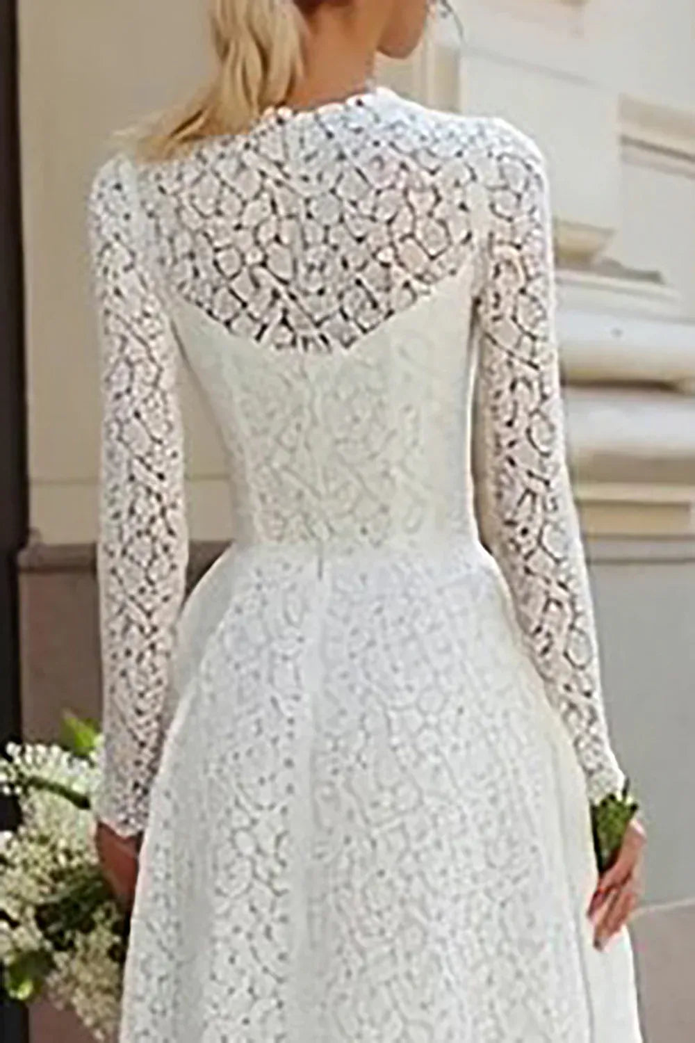 High-Neck Floral Lace Midi Wedding Dress with Long Sleeves