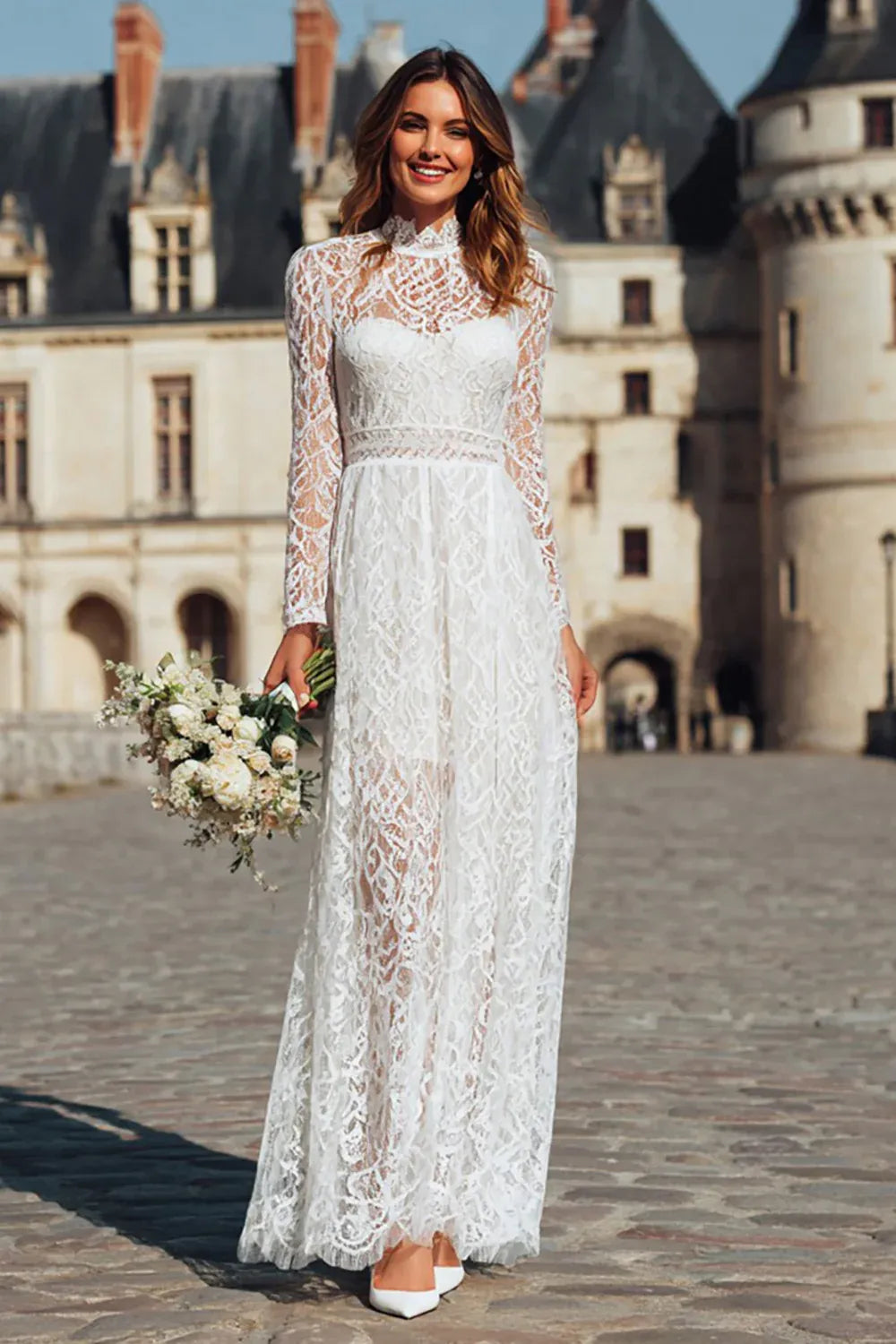 High-Neck Lace A-Line Wedding Dress with Long Sheer Sleeves