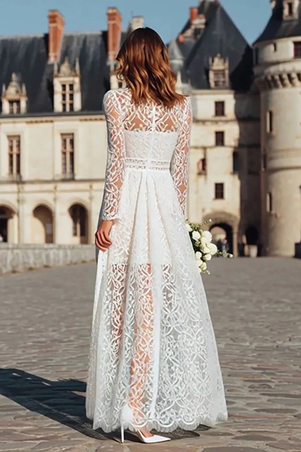 High-Neck Lace A-Line Wedding Dress with Long Sheer Sleeves