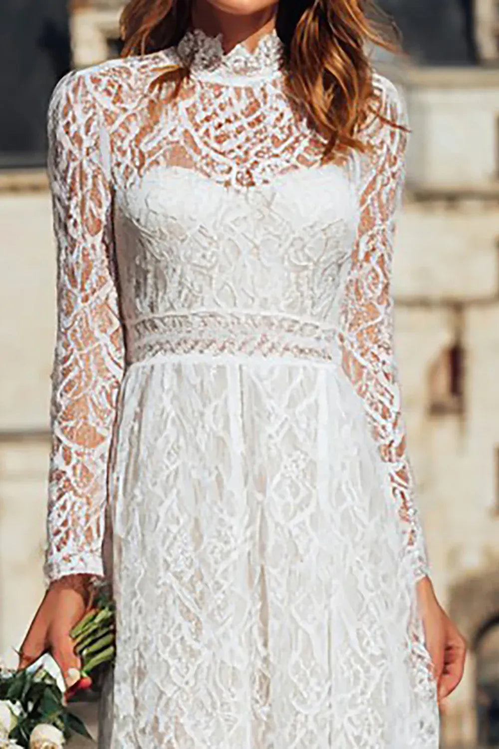 High-Neck Lace A-Line Wedding Dress with Long Sheer Sleeves