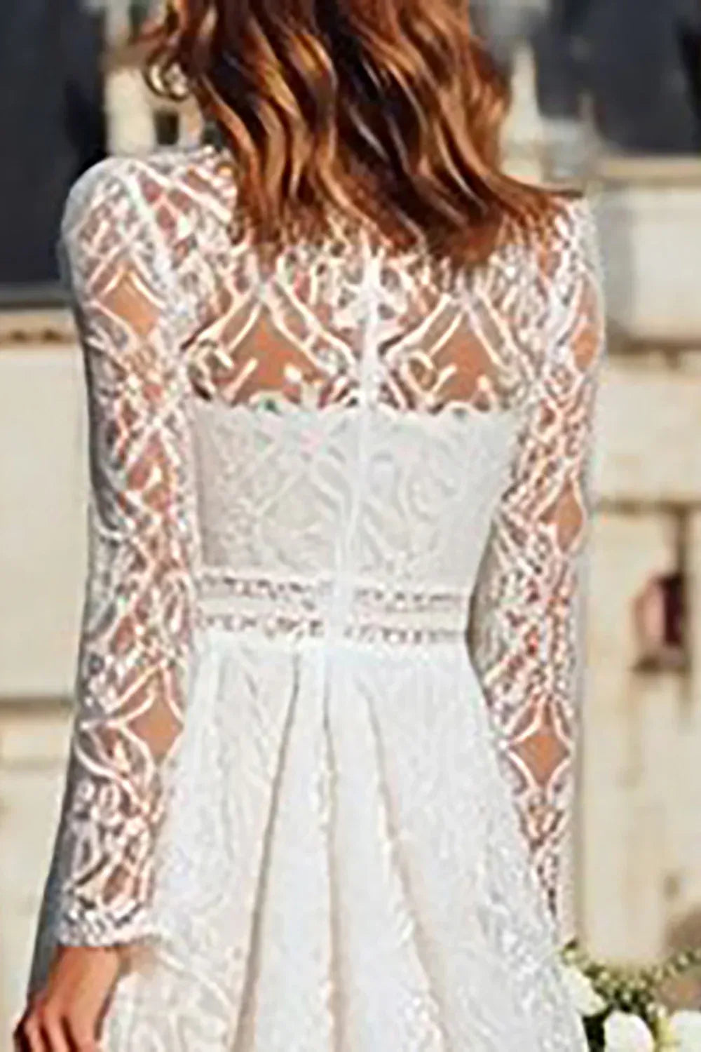High-Neck Lace A-Line Wedding Dress with Long Sheer Sleeves