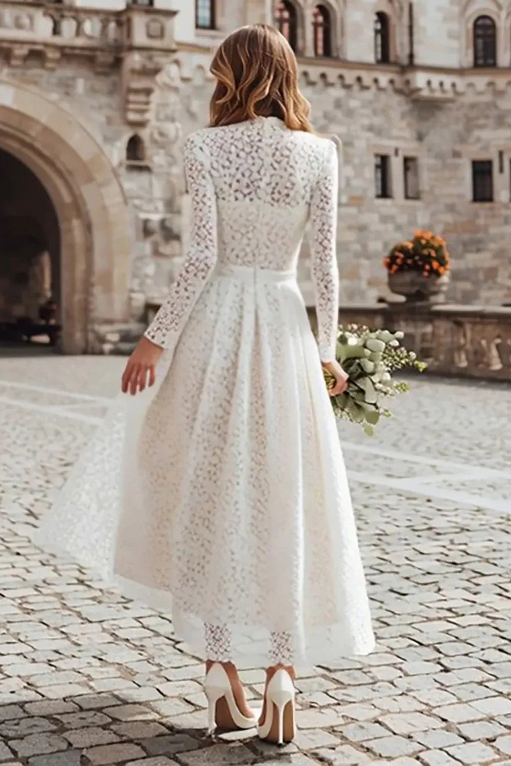 High-Neck Lace Ankle-Length Wedding Dress with Long Sleeves