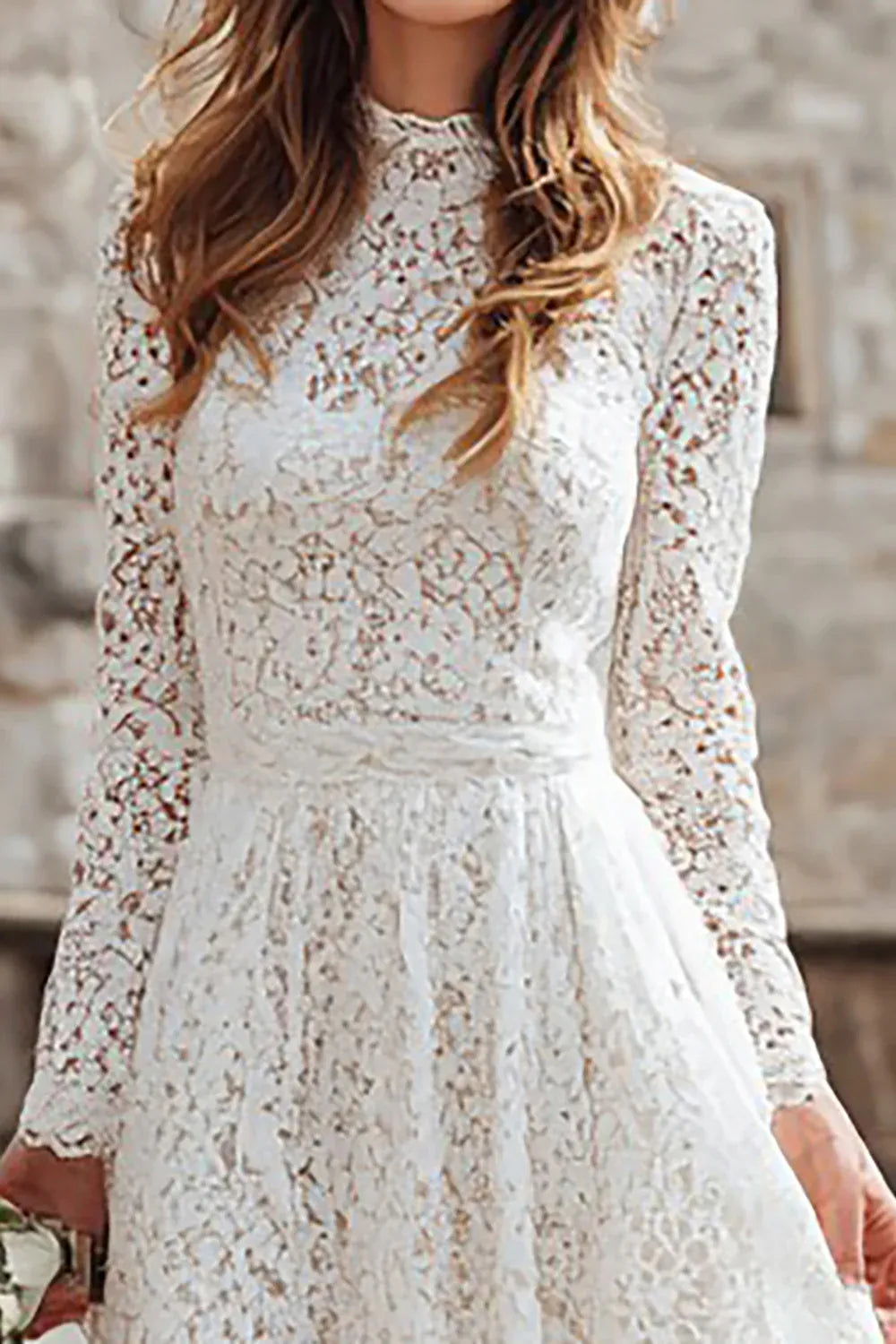 High-Neck Lace Ankle-Length Wedding Dress with Long Sleeves