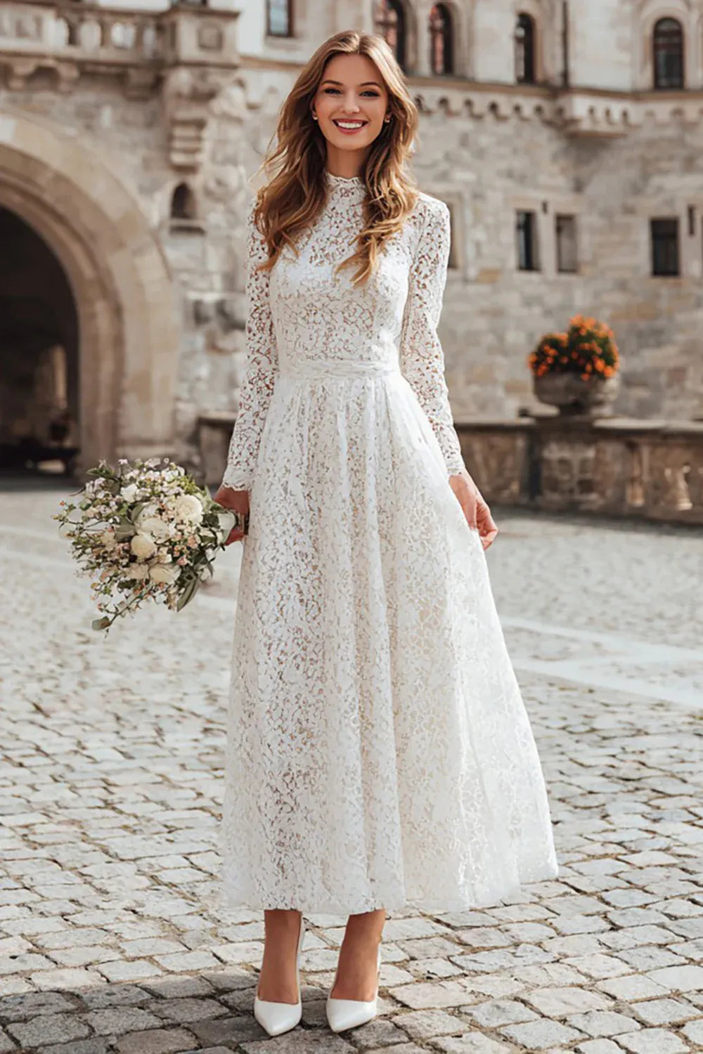 High-Neck Lace Ankle-Length Wedding Dress with Long Sleeves