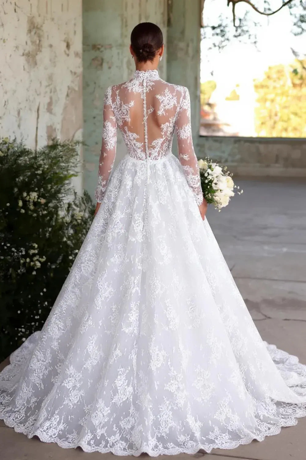 High-Neck Lace Ball Gown Wedding Dress with Long Sleeves