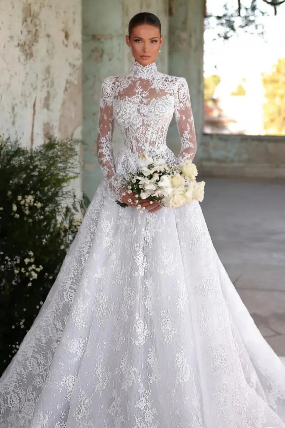 High-Neck Lace Ball Gown Wedding Dress with Long Sleeves