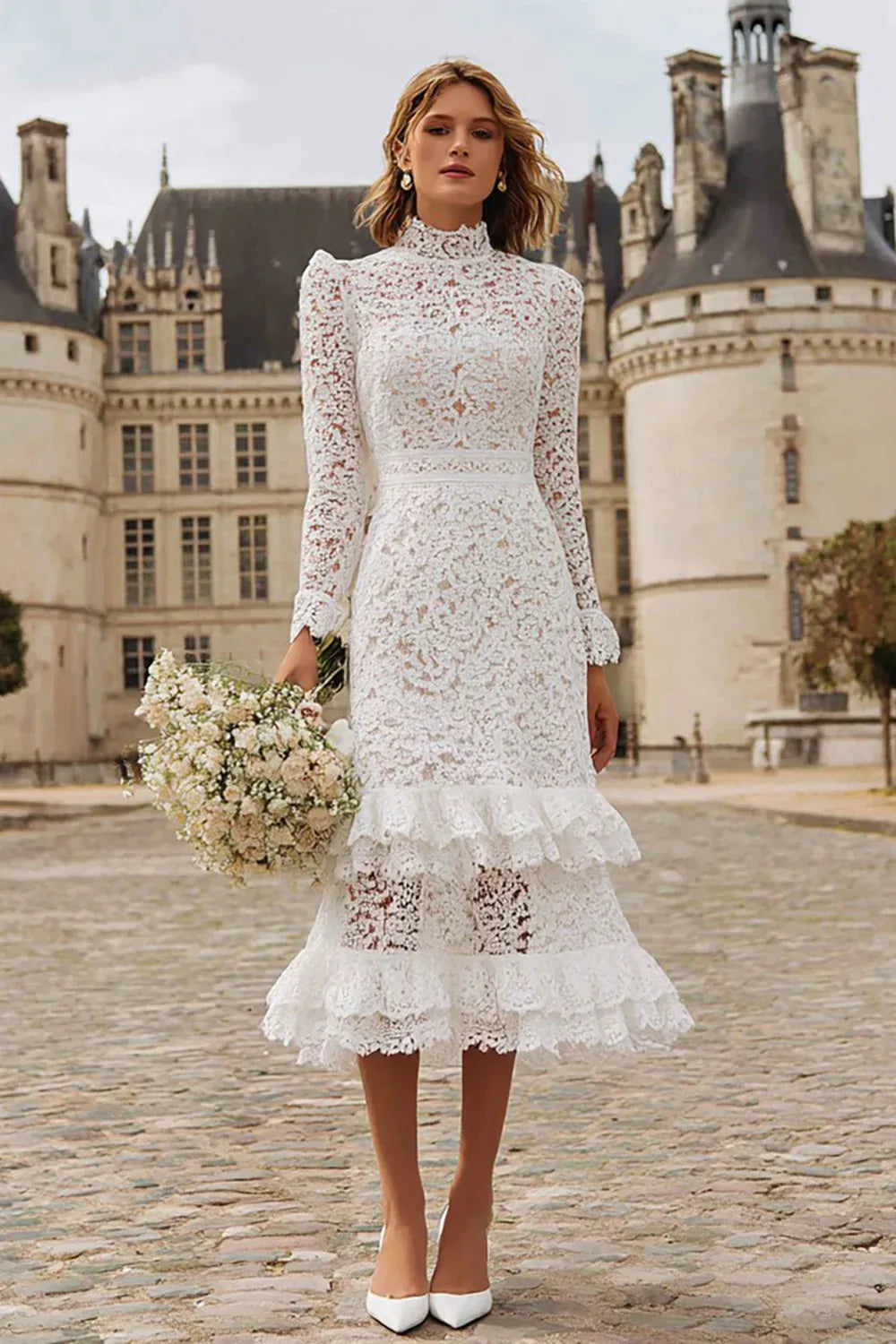 High-Neck Lace Midi Wedding Dress with Long Sleeves & Ruffled Hem