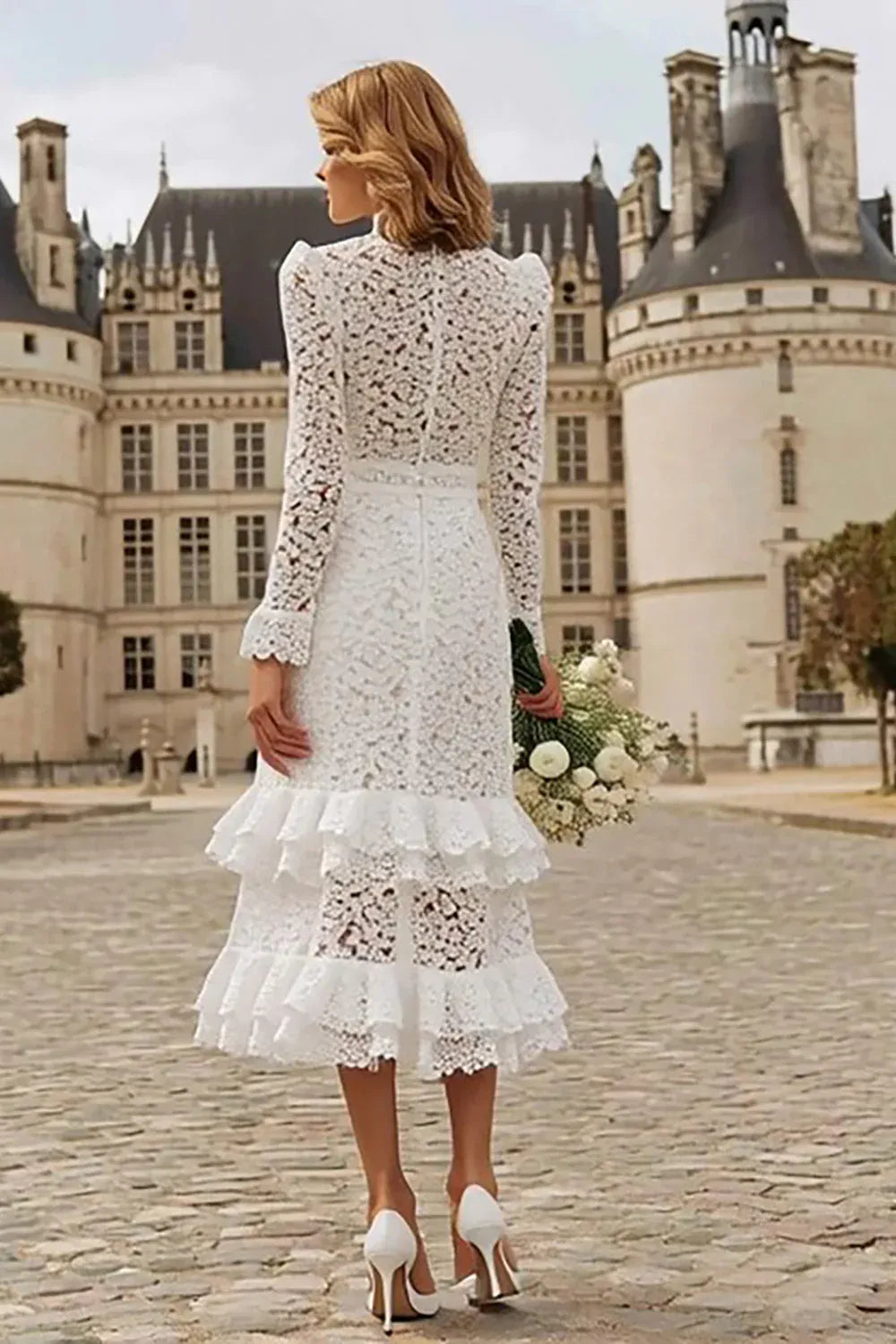 High-Neck Lace Midi Wedding Dress with Long Sleeves & Ruffled Hem