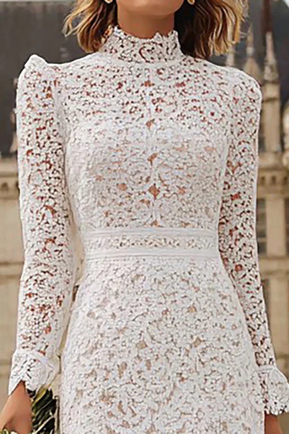 High-Neck Lace Midi Wedding Dress with Long Sleeves & Ruffled Hem