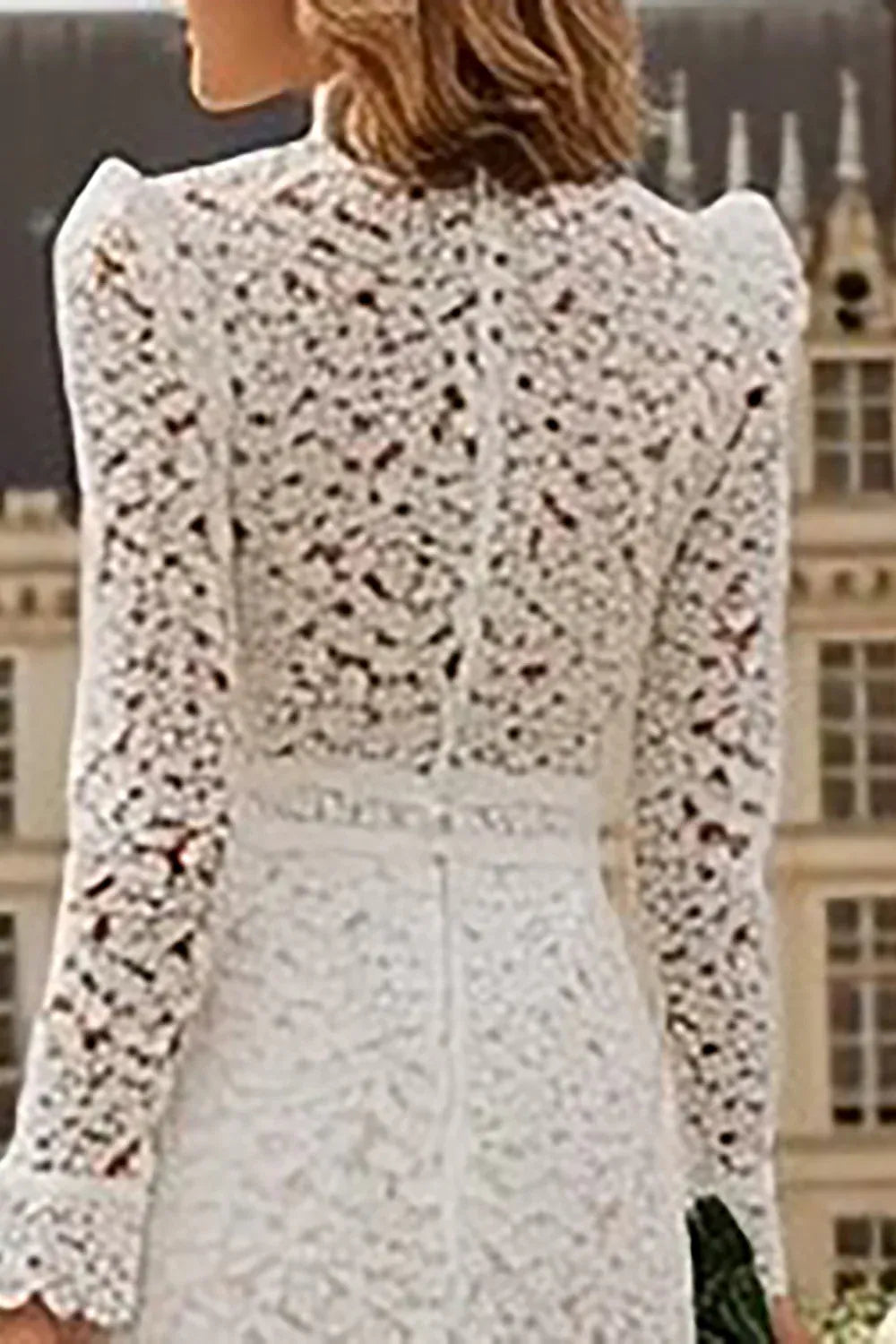 High-Neck Lace Midi Wedding Dress with Long Sleeves & Ruffled Hem