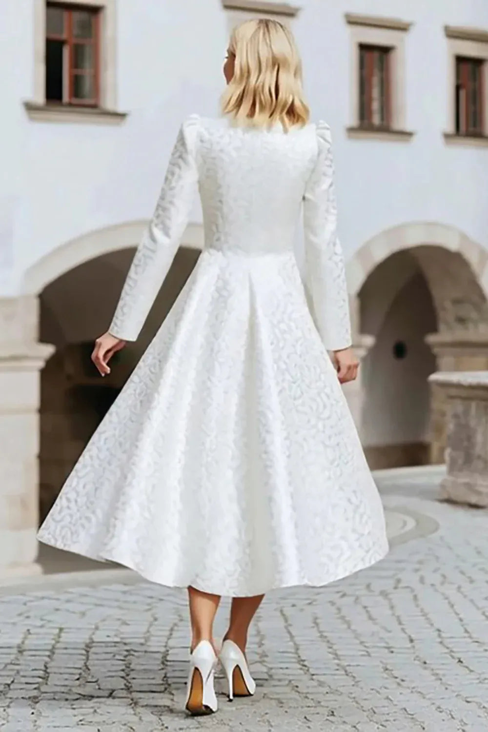 High-Neck Textured Jacquard Midi Wedding Dress with Asymmetrical Hem