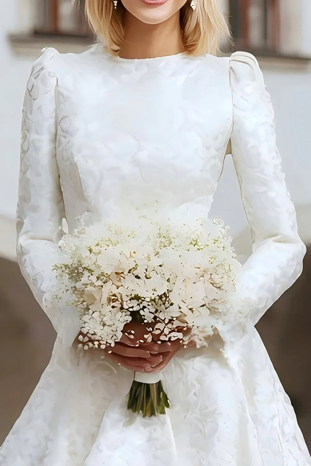High-Neck Textured Jacquard Midi Wedding Dress with Asymmetrical Hem