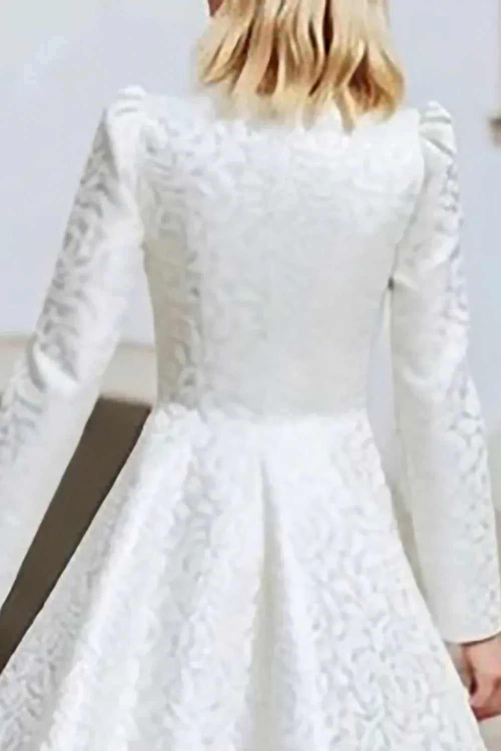 High-Neck Textured Jacquard Midi Wedding Dress with Asymmetrical Hem