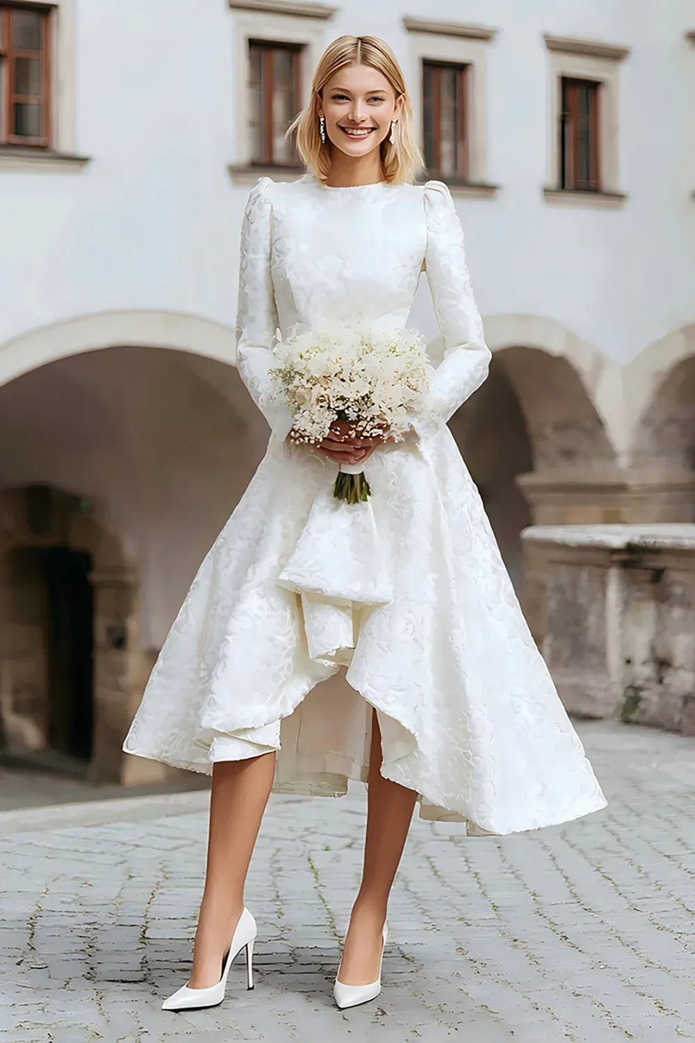 High-Neck Textured Jacquard Midi Wedding Dress with Asymmetrical Hem