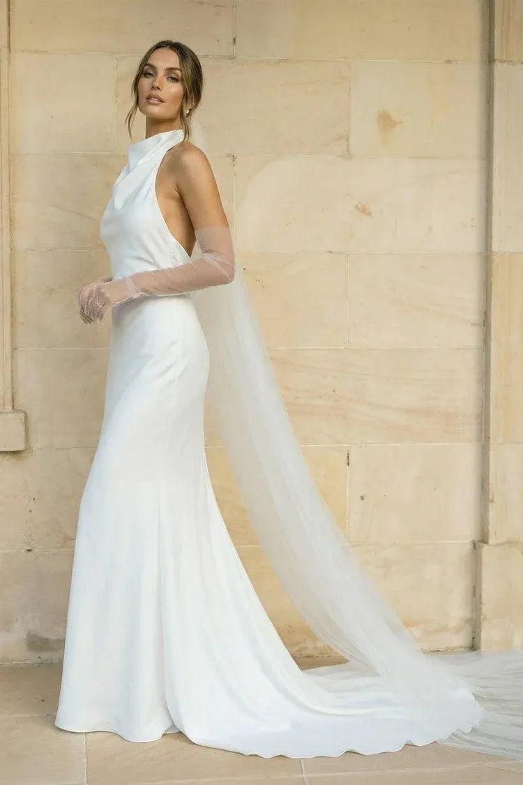 High Neck Halter Satin Mermaid Wedding Dress with Sheer Gloves
