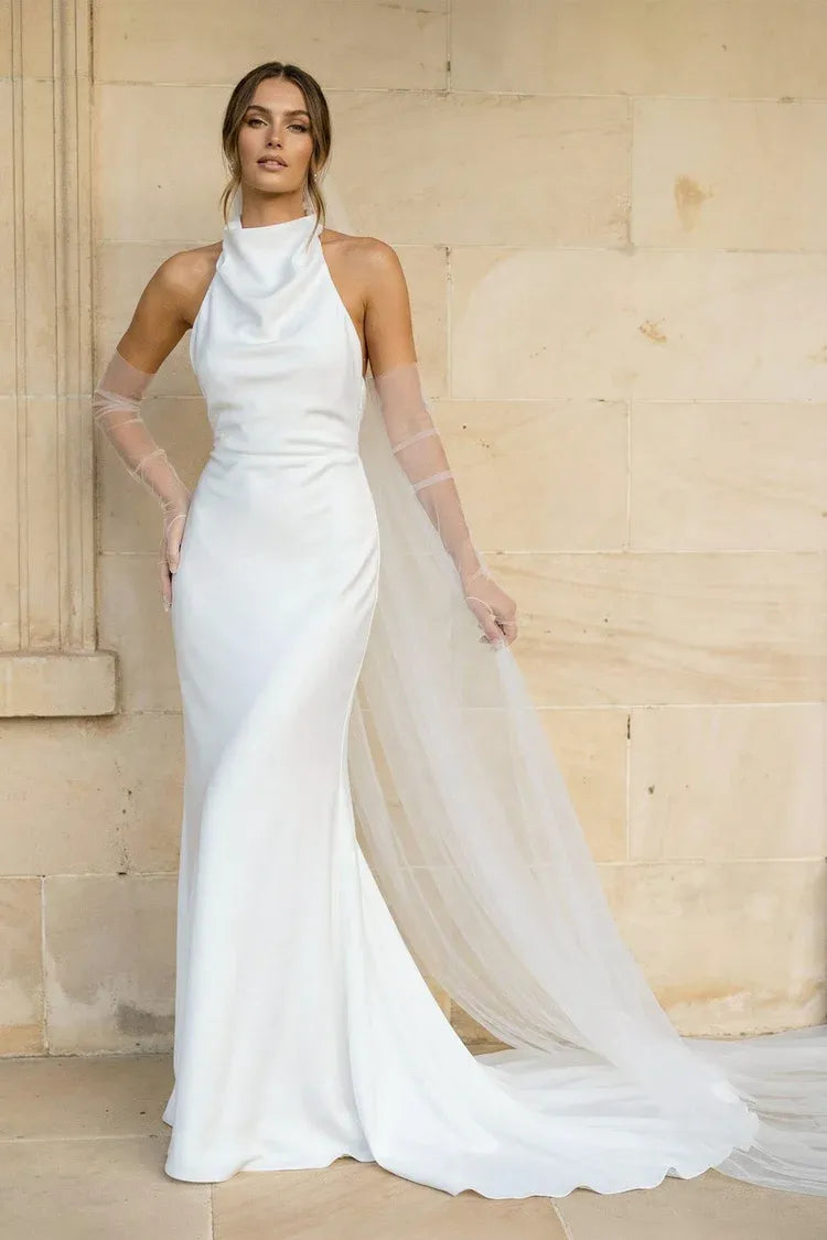 High Neck Halter Satin Mermaid Wedding Dress with Sheer Gloves
