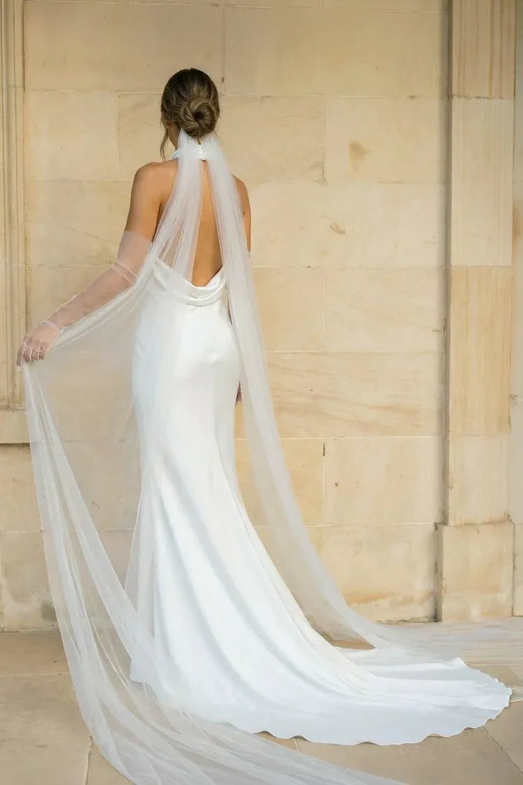 High Neck Halter Satin Mermaid Wedding Dress with Sheer Gloves