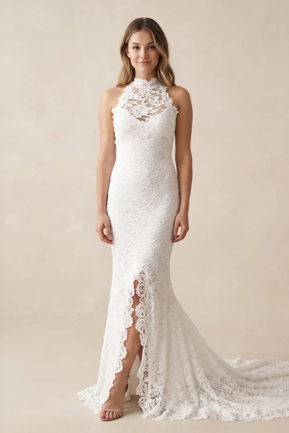 High Neck Lace Mermaid Wedding Dress Form-fitting silhouette with with Keyhole Back and Slit