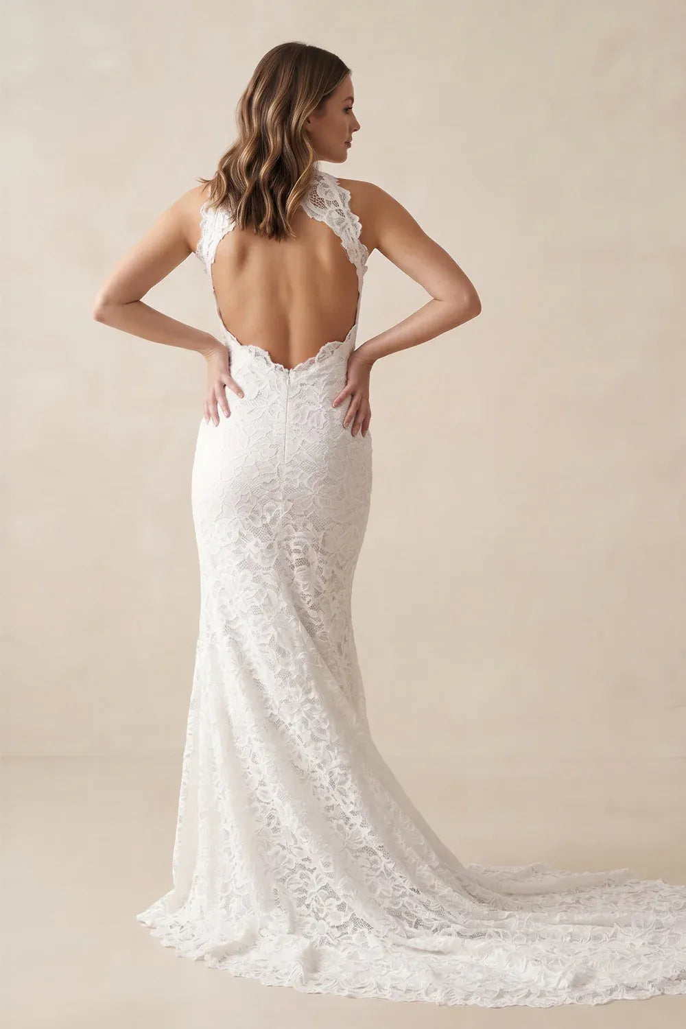 High Neck Lace Mermaid Wedding Dress Form-fitting silhouette with with Keyhole Back and Slit