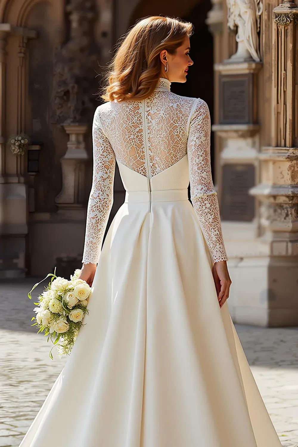 High Neck Lace and Satin A-Line Wedding Dress with Long Sleeves - Elegant Bridal Gown