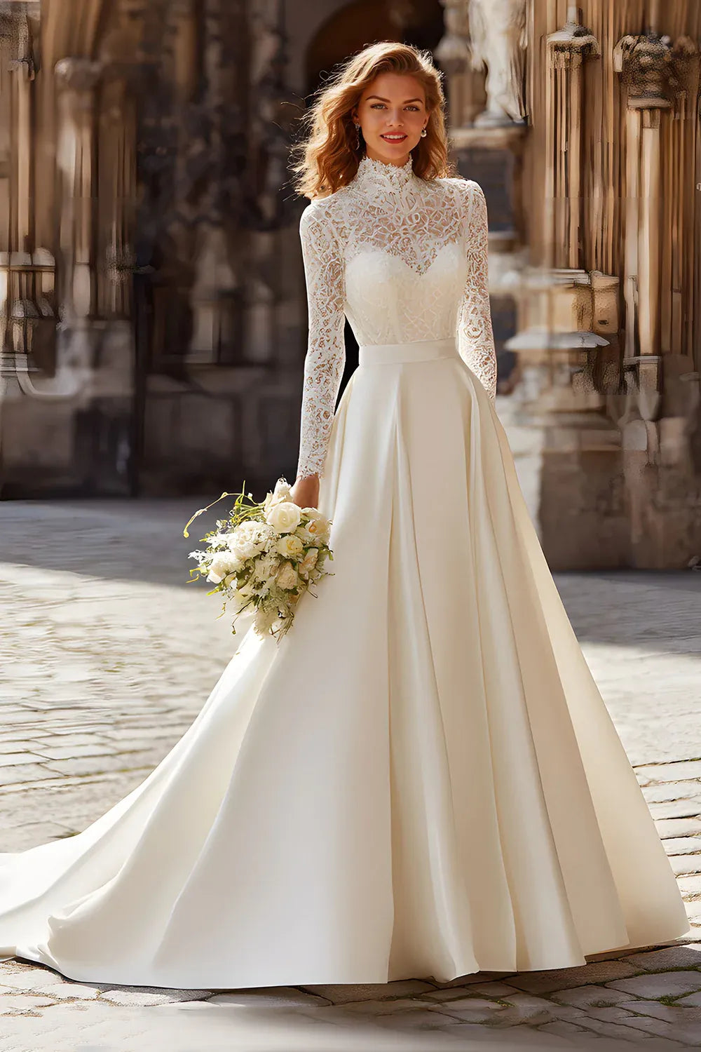 High Neck Lace and Satin A-Line Wedding Dress with Long Sleeves - Elegant Bridal Gown