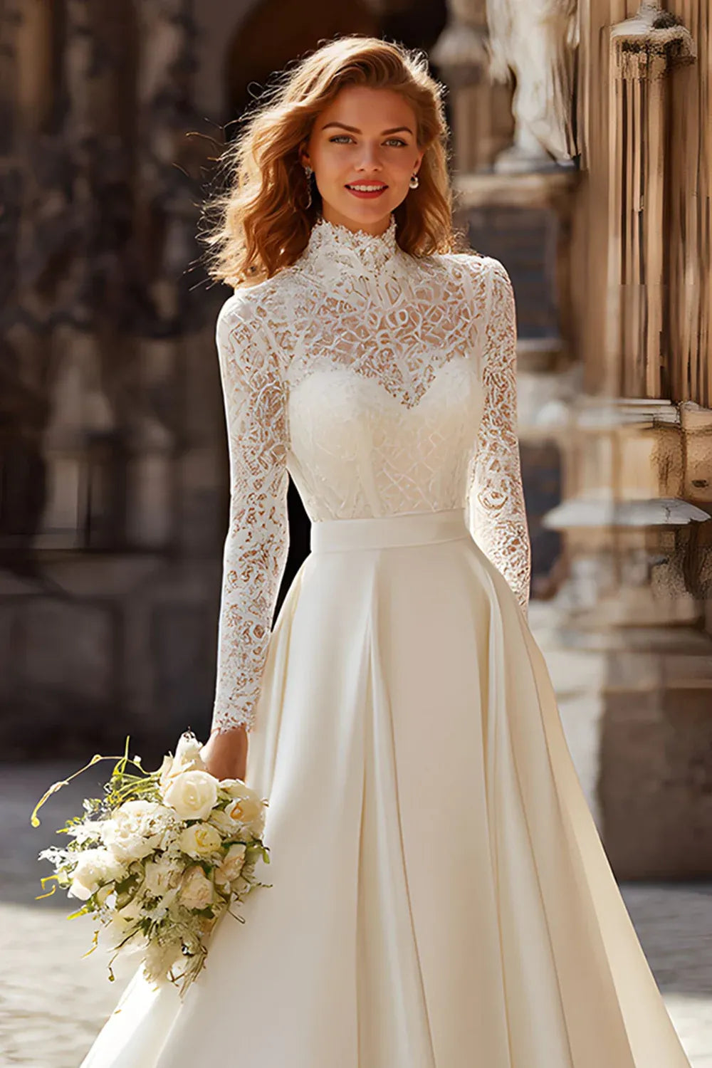 High Neck Lace and Satin A-Line Wedding Dress with Long Sleeves - Elegant Bridal Gown