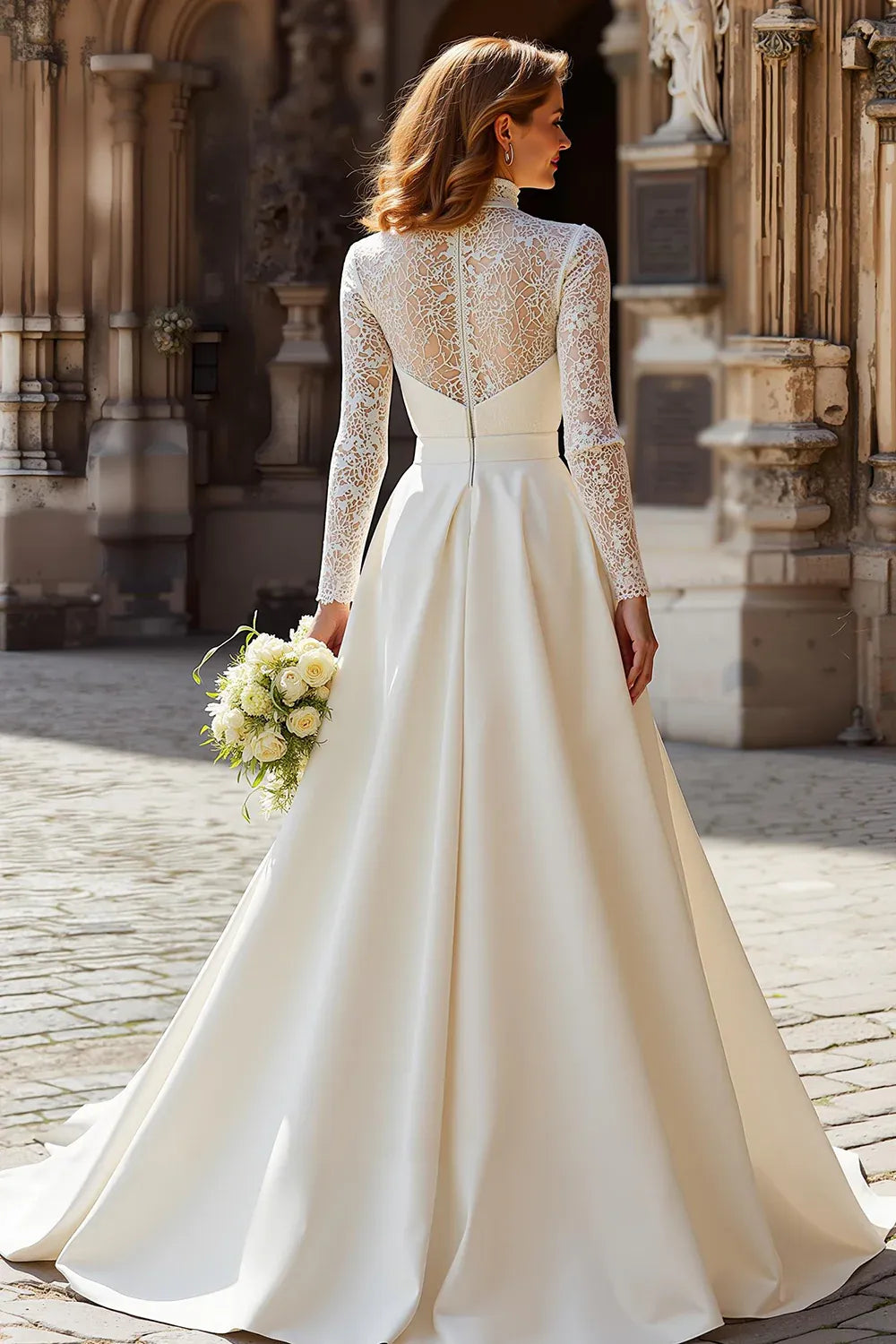 High Neck Lace and Satin A-Line Wedding Dress with Long Sleeves - Elegant Bridal Gown